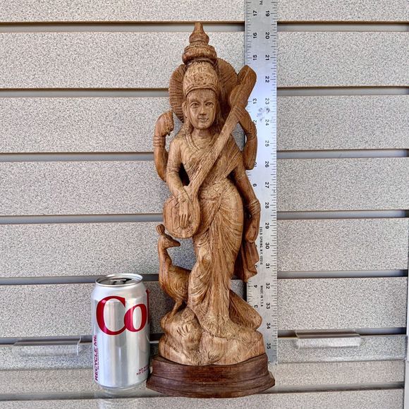 💥 Vtg Goddess Saraswati Sarasvati 💥Carved Wood Mid 20th C. ~ 16.5" Statue 💥 - Picture 1 of 13